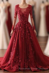Burgundy Lace Satin Long Semi Formal Prom Dress, Burgundy Lace Evening Dress